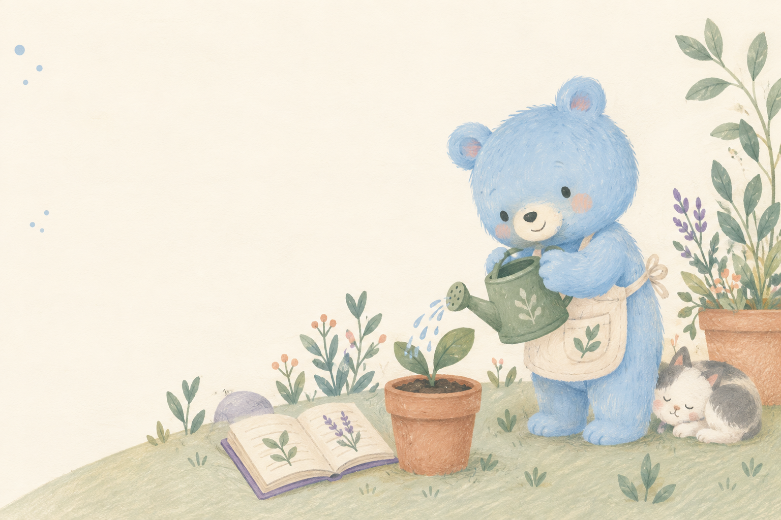 Blue bear caring for a plant